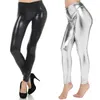 Kvinnors leggings sexig hög midja glänsande våt vätska look pu faux läder metalliska stretchiga svarta silverdansbyxor disco leggins