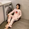 Loupa de sono feminina japonesa japonesa de morango de lã de lã malha pijamas conjuntos de gola O-gola Longa Longa Longo Coro