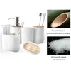 Ensemble d'accessoires de bain 6 pièces/ensemble blanc bambou liquide shampooing bouteille brosse de toilette et support poubelle porte-savon plastique salle de bain moderne