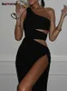 Diagonal Collar Dress for Women 2023 New Fashion Club Asymmetrical Hollow Out Maxi Dress Chic Slim Split Y2k Dress