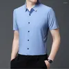 Men's Casual Shirts Men Slim Fit Vertical Striped Short Sleeve Shirt For Business Leisure In Shades Of Purple Light Green Blue Turn Down