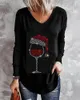 Women's Blouses 2023 Christmas Hat Wine Glasses Print Long Sleeve Top Women Fashion Oversize Blouse Vintage T-shirts