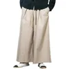 Pantalones Pantalones anchos de lino a rayas para hombre Pantalones caqui azul Hakama con pantalones de kimono chino de fondo ancho Capri de algodón suelto de verano