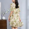 Casual Kleider Chinesischen Stil Frauen Sommer Elegante Oansatz Kurze Flare Hülse Frau Blumen Kleid Echte Seide Weibliche Vintage