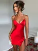 Satin Dress for Women 24ss Fashion Backless Lace-up Mini Dress Chic Split Slim Solid Spaghetti Strap V Neck Dress