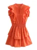 Casual Dresses Merodi Girls Spring Elegant V-hals ärmlös solid skivor Womens Fashion Ruffles Elastic High midje Orange miniklänning