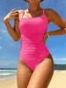 Dames Swimwear Spoonondrift vrouwen geribbeld High Cut One Piece Swimsuit Solid Monokini 2023 brutale badpakken Retro Halter Beach Outfits