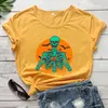 Women's T Shirts Green Skeleton With Pumpkin Colored T-shirt Scary Autumn Halloween Party Tshirt Spooky Women Skull Horror Goth Top Tee