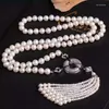 Colliers pendentifs 23'' Natural Pearl 10mm White Pearl CZ Paved Long Necklace