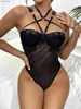 Briefs Panties Ellolace Sensual Lingerie Bodysuit Halter Fitness Exotic Costumes See Through Lace Backless Erotic Tights Sexy Thongs Body L230518
