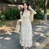 Vestidos de trabalho Conjuntos de vestidos florais coreanos 2023 Verão Doce Spaghetti Strap Women Women Cotton Ruffle Drop Combation Drop