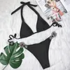 Damen-Bademode, nackte Kristall-Bikini-Sets, Damen-Sommer-Krawatten-Neckholder-Badeanzug, zweiteiliges, dreieckiges, gepolstertes Oberteil mit Strass-Diamant-Unterteil