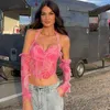 Camisetas femininas Sexy Corsário Top Pink Halter Tank Colet Summer Summer Backless Ruched Ofim Women With Sleeves Mesh feminino