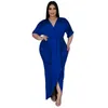 Plus Size Dresses KEXU Women Vintage Batwing Short Sleeve V-neck Ruched High Waist Maxi Long Bodycon Dress Female Fashion Chic