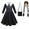 Abiti da ragazza Ragazze mercoledì Costume cosplay della famiglia Addams Abiti gotici vintage Abbigliamento di Halloween Parrucca per abito da stampa Morticia per bambini