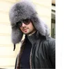 Men's Natural Fox Fur Hat Real Sheepskin Earmuffs Caps Winter Warm Headwear Natural Silver Fox