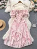 Abiti casual Princess Pink Shoulder Strap Long Women's Vacation Fashion Vita alta Flower Print Ruffled Beach Party Dress P230530