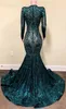 Hunter Green Lace Mermaid Prom klänningar Långa ärmar Sträng gala festklänningar Deep V Neck Evening Wear för afrikanska kvinnor