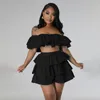 Women's Tracksuits Echoine Two Piece Set Slash Off Shoulder Ruffle Short Blouse Crop Top And Hight Waist Shorts Elegant Vintage Matching