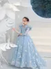 Robes de fille de fleur bleue en dentelle 3d fleurs grosses filles arc concours vestido de daminha pour les enfants robe de demoiselle d'honneur faite sur mesure 403