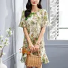 Casual Kleider Chinesischen Stil Frauen Sommer Elegante Oansatz Kurze Flare Hülse Frau Blumen Kleid Echte Seide Weibliche Vintage