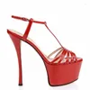 Sandaler Fashion Red Leather Cross Strap Gladiator klackar Skor Peep Toe Cut-Out High Platform Patchwork Dress