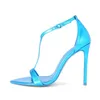 Sandals Arden Furtado Summer Women's Metal Cowhide Stilettos Heels Sexy Pointed Toe Open T Belt Buckle Party