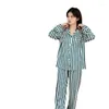 Vêtements de nuit pour femmes vêtements de nuit boutonnés printemps rayé vert pyjama femme Satin à manches longues maison vêtements avec boutons vêtements de détente sexy