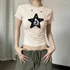 Camas femininas Summer Summer 2023 Moda Khaki bege redondo pescoço de manga curta Slim Show Belly Bordered T-shirt Trend Women's Trend