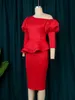 قمم Ontinva Red Peplum فساتين بالإضافة إلى حجم 4xl الكتف البارد نفخة 3/4 كم عيد ميلاد عيد ميلاد عيد ميلاد الأكمام