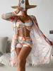 Women's Swimwear Tropical high waisted bikini three piece women's sexy long sleeved top 2023 summer push up beach swimsuit P230530