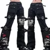 Femmes Jeans Goth Punk Taille Haute Harajuku Boucle En Métal Hip Hop Imprimer Cargo Pantalon Large Jambe Baggy Lâche Denim Pantalon 230530