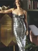 Повседневные платья серебристое металлическое платье без спинки для женского модного спагетти Слим блеск с высокой талией винтаж элегантный макси