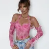 Camisetas femininas Sexy Corsário Top Pink Halter Tank Colet Summer Summer Backless Ruched Ofim Women With Sleeves Mesh feminino