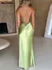 Vestido de cetim alto dividido para mulheres de verão sem mangas com decote em V sem costas fino elegante vestidos maxi elegantes vestidos casuais