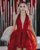 Red Halter High Low Abiti da ritorno a casa Paillettes A Line Ruffles Prom Gown Hi-low Tiered Womens Abiti per occasioni speciali