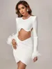 Casual Dresses White Bandage Dress Luxury Woman Party Bodycon Elegant Sexig Feather Long Sleeve Birthday Club Outfits 2023 Summer