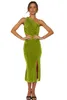 Casual Dresses Brown/Green Velvet One Shoulder HleeVeless Cut Out Sheath Midi Dress Women Sexig High Split Party