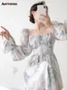 Party Print Dress for Women 2023 New Fashion Sweet Square Collar Lantern Sleeve Midi Dress French Style Chic Elegant Dresses