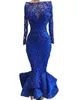 2023 Sexy Royal Blue Prom Dresses Mermaid Off Shoulder Bateau Lace Beaded Pearls Long Sleeves Illusion Plus Size Prom Evening Gowns