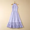 2023 Summer White / Blue Floral Embroidery Cotton Dress Halter Sleeveless Midi Casual Dresses S3W270525