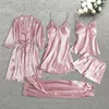 Kvinnors sömnkläder Leepwear Kvinna 542st Pajamas Set Satin Pyjamamas Lace Patchwork bril Wedding Nightwear Rayon Home Wear Nighty Robe Suit 230530