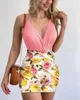 Casual Dresses Sexig 2-delad uppsättning Summer Suspender V-Neck Backless Ultra-Thin Clothes midja veckad blommig tryck blyertspenna Tät montering av kvinnorkläder P230530