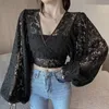 Polos 2022 Spring Black/White/Brown Sexy Lace Blouse SHIRT Women Elegant VEST Puff Long Sleeve Open Back Short Tops Girls clothes