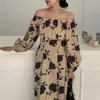 Robes Décontractées Femmes Vintage Long Floral Avec Ceinture Col Slash Coupe Slim Manches Longues Midi Style Français