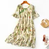 Casual Kleider Chinesischen Stil Frauen Sommer Elegante Oansatz Kurze Flare Hülse Frau Blumen Kleid Echte Seide Weibliche Vintage