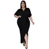 Plus Size Dresses KEXU Women Vintage Batwing Short Sleeve V-neck Ruched High Waist Maxi Long Bodycon Dress Female Fashion Chic