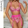 Culotte Culotte Ellolace Fantaisie Rose Lingerie Broderie Florale String Sexy Jarretière Soutien-Gorge Costume 3 Pièces Dentelle De Luxe Délicate Belle Sous-Vêtements L230518