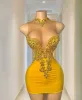 Yellow Red Short Sheath Cocktail Dresses Beade Sequined High Jewel Neck Velevt See Through Above Knee Length Evening Gowns Formal Party Dress Custom Made