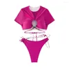 Costumi da bagno da donna 2 pezzi / set O Abiti in due pezzi O-Collo Manica corta Fasciatura Perline Decor Bikini Set Estate Donna Sexy Split Top Slip Costumi da bagno